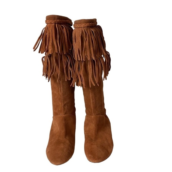 Gianni Bini women’s cognac suede fringe flat wedge ankle pull on boots sz 6.5 M - Picture 2 of 9